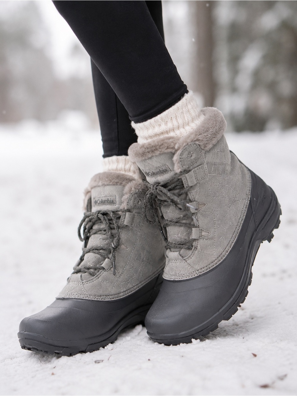 Columbia Womens Winter Duck Boots Gray Faux Fur Lace Up Snow Boots Size 7.5